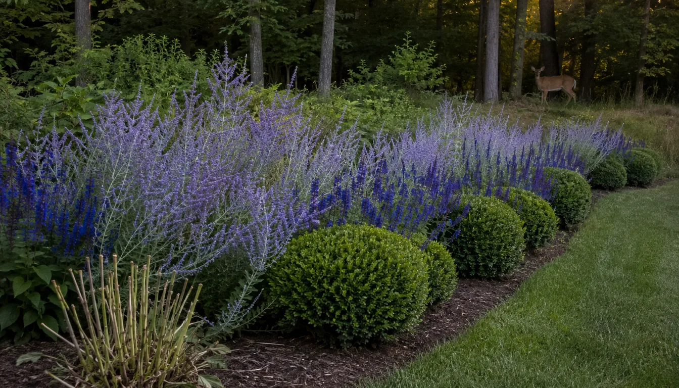 A border of silvery lavender, blue salvia and clipped boxwood balls along a mown lawn with a deer standing at the treeline beyond