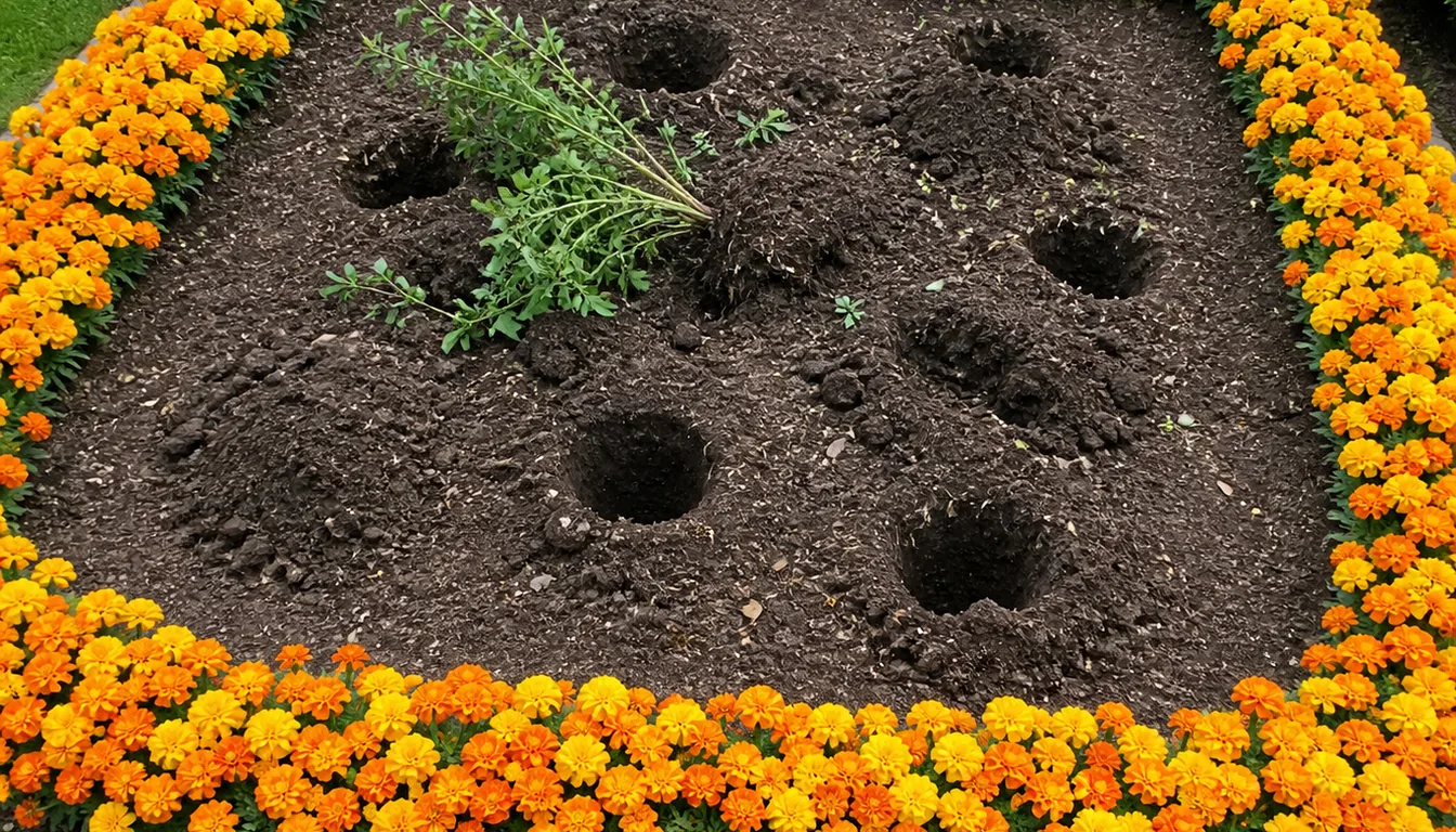 A bed ringed by an unbroken border of flowering marigolds where the soil inside the ring is dug up with fresh holes, scattered earth and one plant knocked sideways