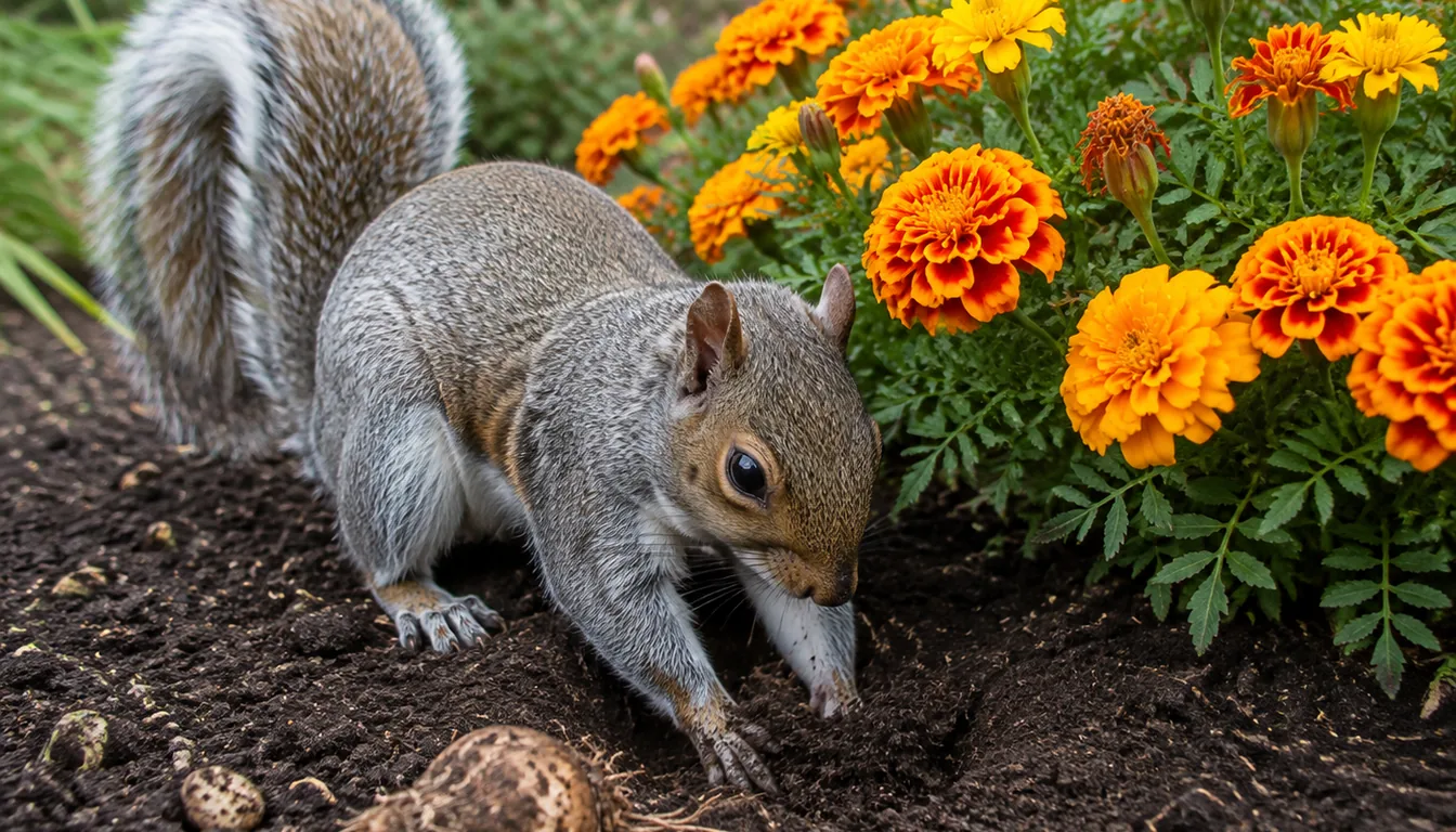 A grey squirrel crouched in loose dark soil digging with both front paws right beside a dense clump of flowering orange and yellow marigolds