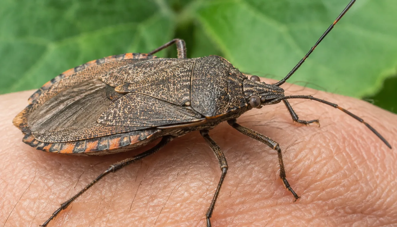 A macro view of one adult squash bug walking across the back of a bare hand, showing its flat grey-brown shield body and orange-banded abdomen edge
