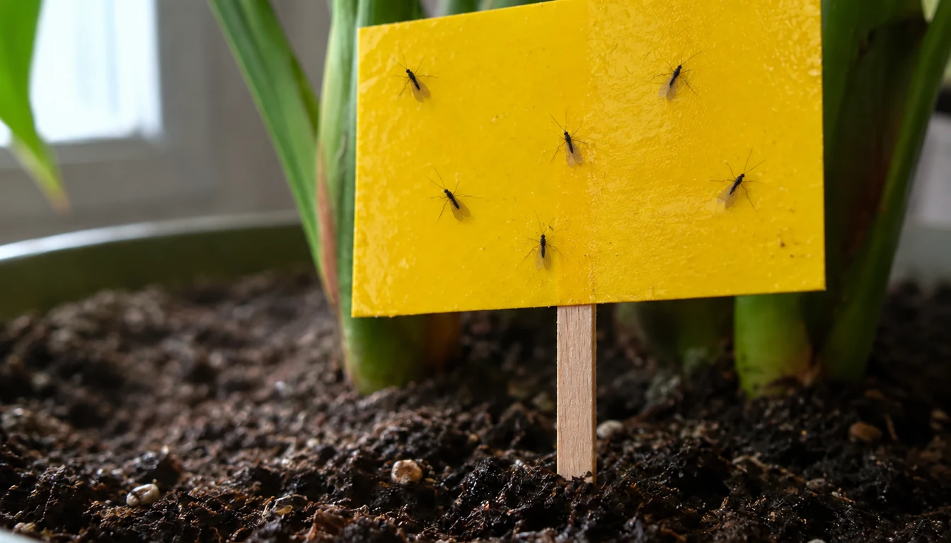 AI-assisted illustration of slender dark gnats caught on a yellow sticky card just above houseplant potting mix