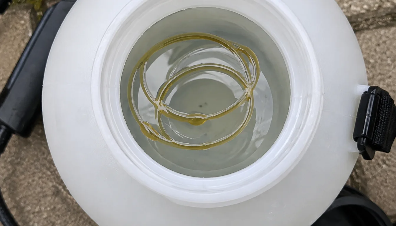 An amber oil-like layer on water inside the open neck of a pump sprayer