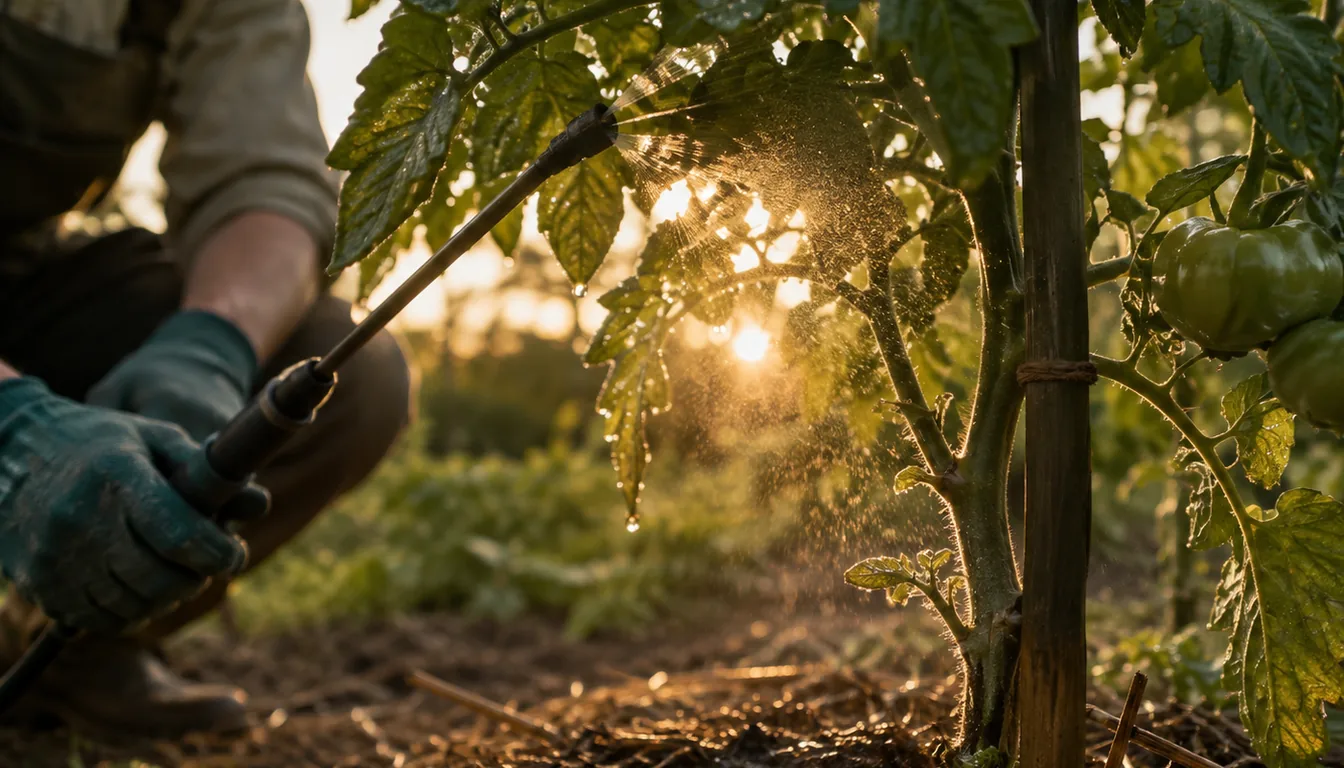 A sprayer wand angled up under the lower leaves of a staked tomato plant, misting the leaf undersides with droplets also settling on the mulched soil at the base