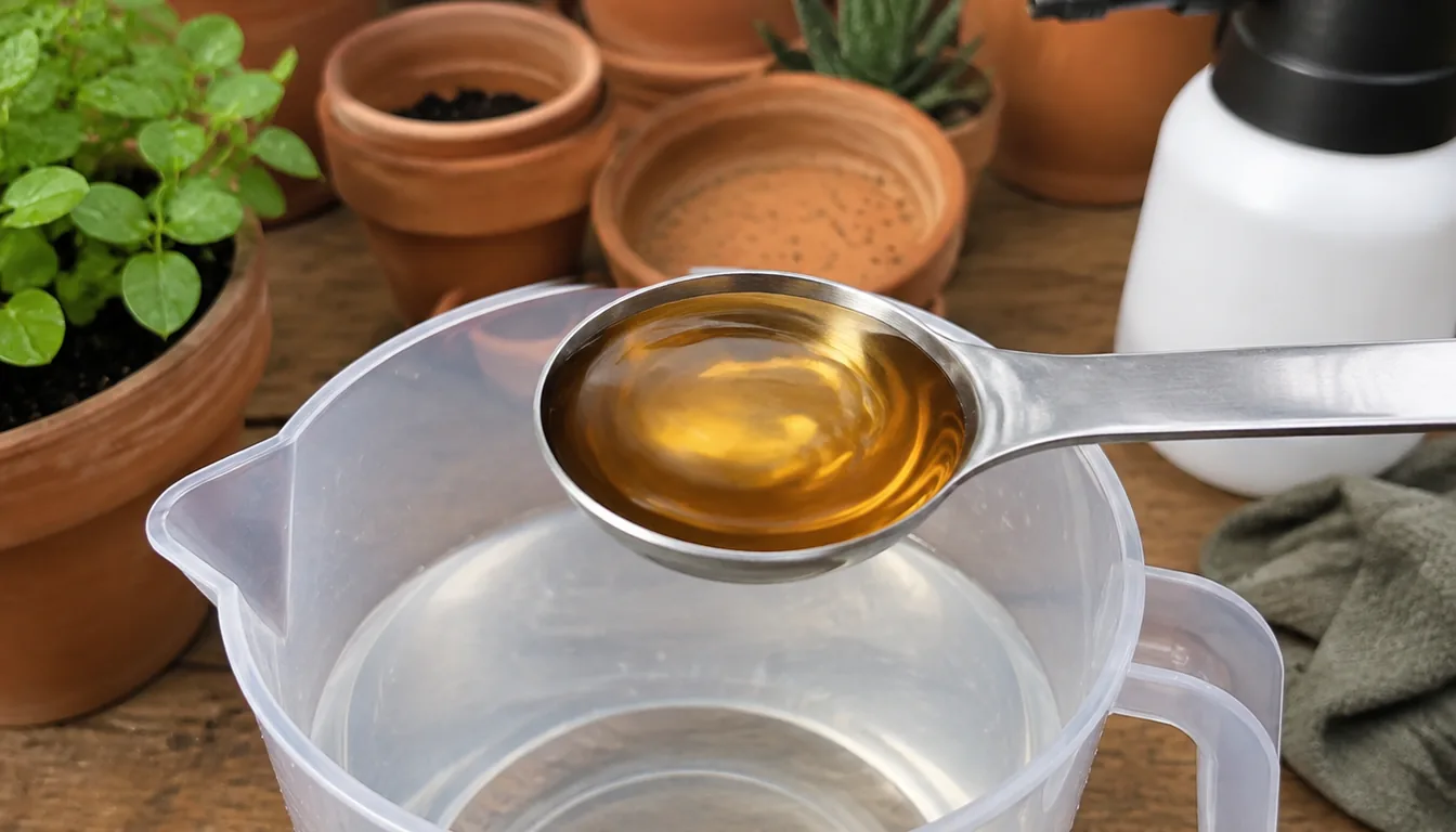 A spoon holding amber liquid above a jug beside a garden sprayer; the image does not show a readable dose marking