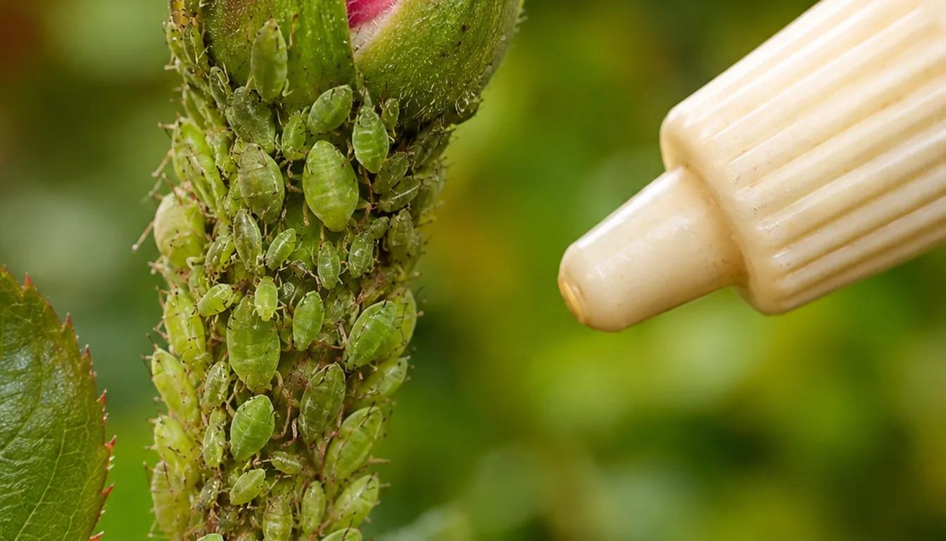 Aphids packed along a rose bud beside the tip of a spray nozzle
