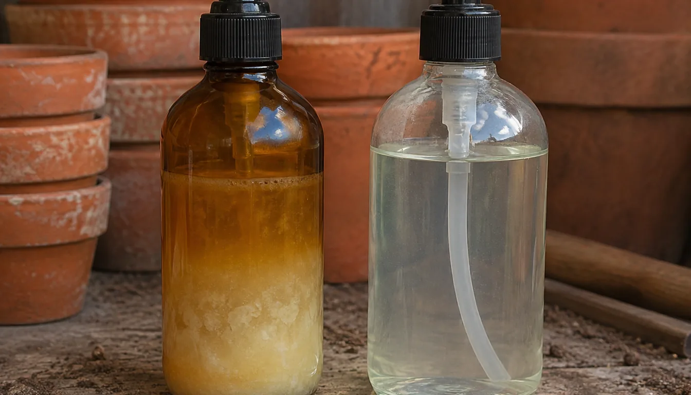 Two amber pump bottles showing a separated neem-oil mixture beside a clear liquid formulation