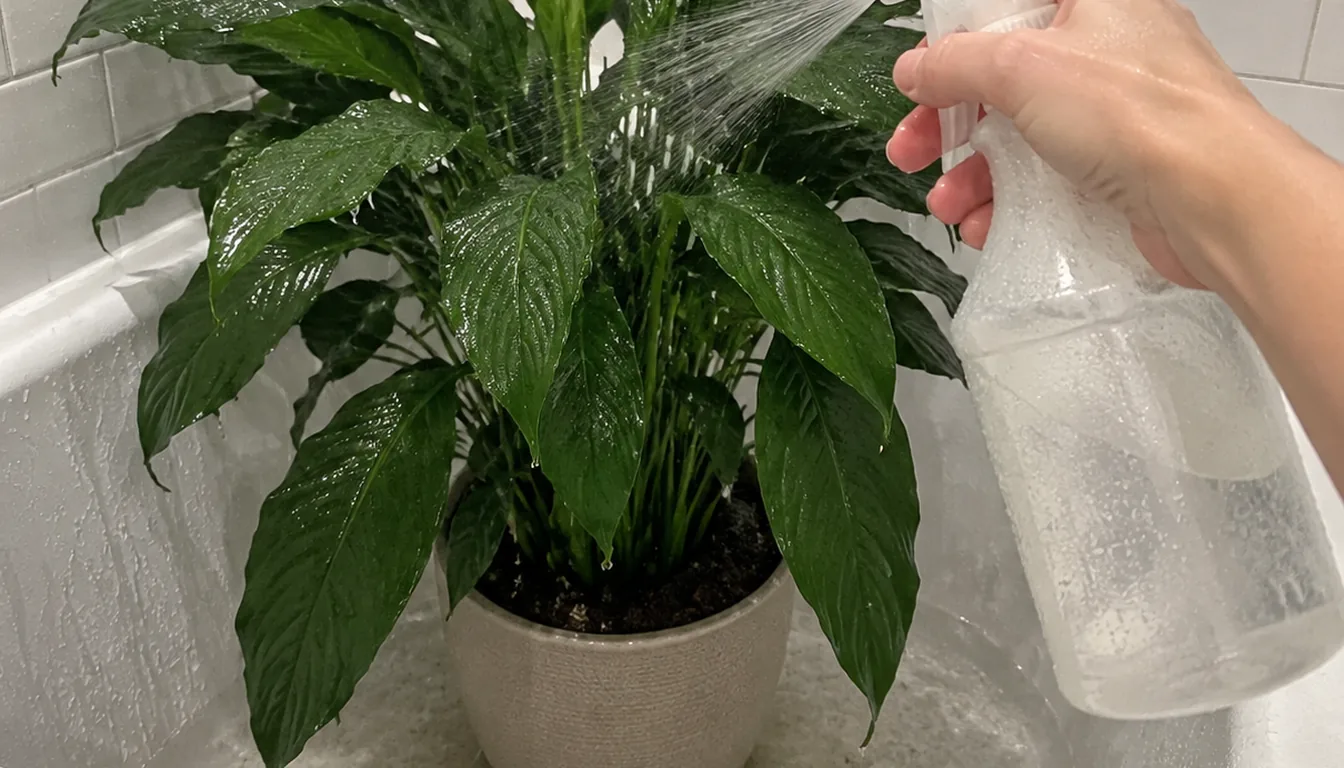 A gardener applying a fine spray to both sides of peace lily leaves in a white bathtub