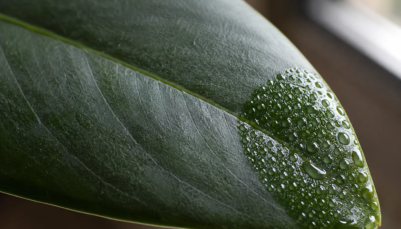 A small test patch of droplets on one section of a broad green leaf while the rest remains dry