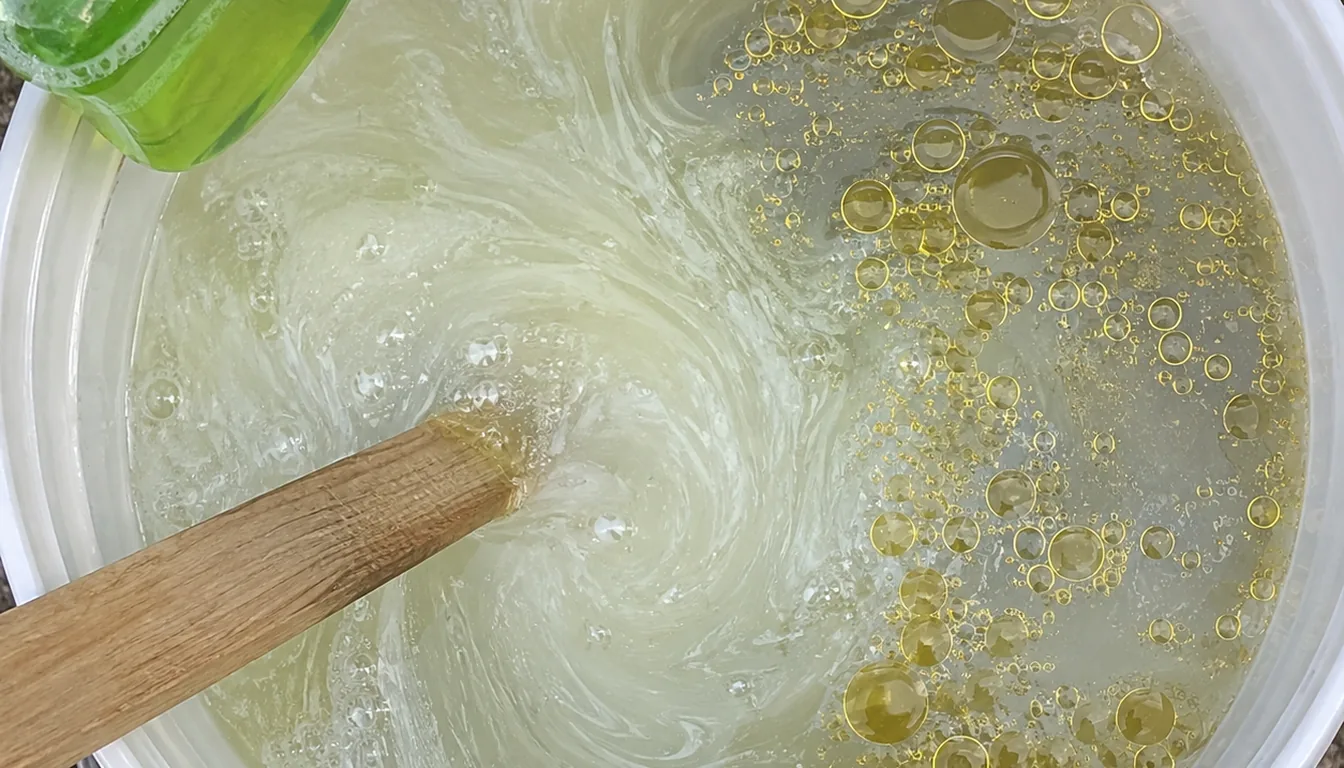 Neem oil dispersing into water as a wooden stirrer creates a milky emulsion in a white mixing bucket