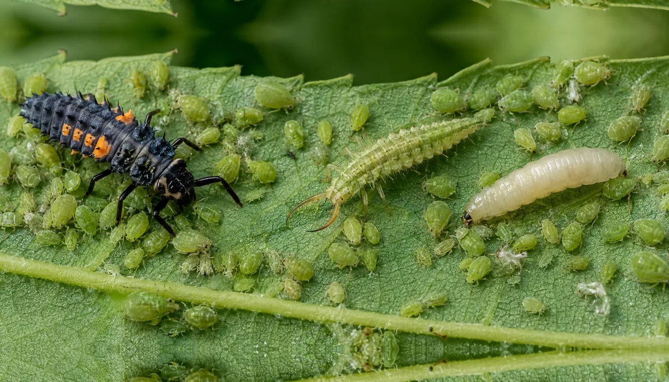 Illustration of a dark orange-marked lady beetle larva, a tapered lacewing larva, and a pale hoverfly-type larva among green aphids