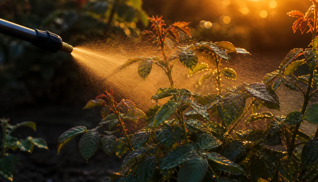 A fine spray leaving a sprayer nozzle and settling across the foliage of a rose bush in low evening light, the mist backlit by the last of the sun with no open flowers in the spray path