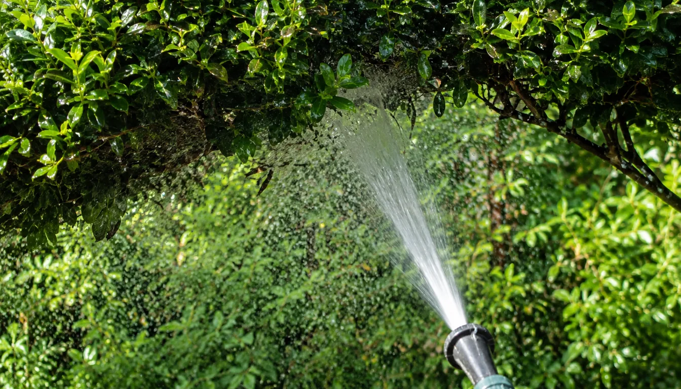 Water from a hose directed toward the underside of dense shrub foliage