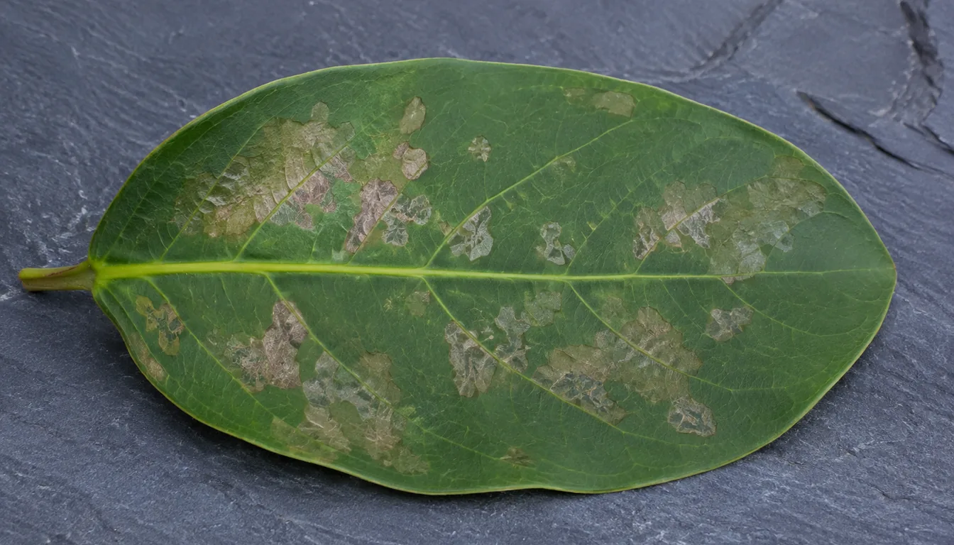 A green leaf on dark slate with irregular pale and translucent damaged patches