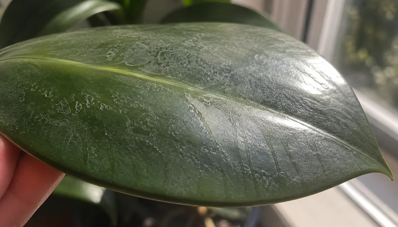 A broad green houseplant leaf held beside a window so side light reveals an uneven dried spray film and drip marks