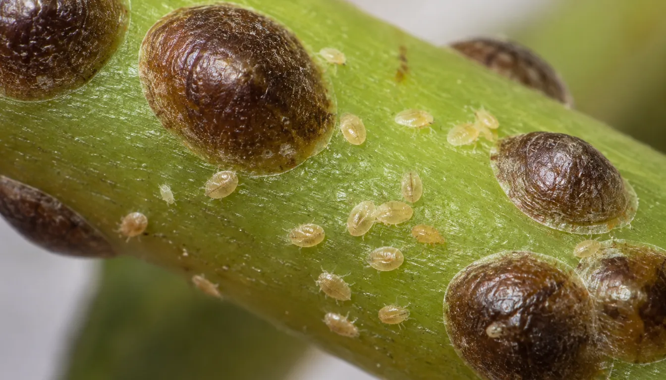 Large brown adult scale insects and many small pale crawlers clustered on a green houseplant stem
