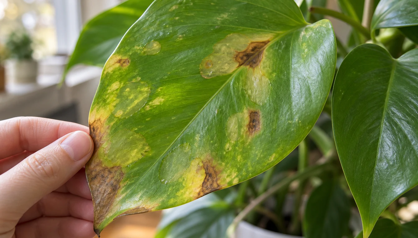 A pothos leaf held near a window with translucent patches, browned margins, and dark dead spots beside healthy green tissue