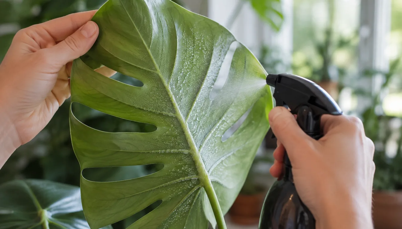 A person turns over a Monstera leaf and sprays a fine mist across the underside near a bright indoor window