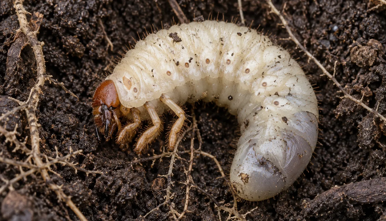 Close view of a white C-shaped scarab beetle larva showing its brown head, six legs, segmented body, and raster area