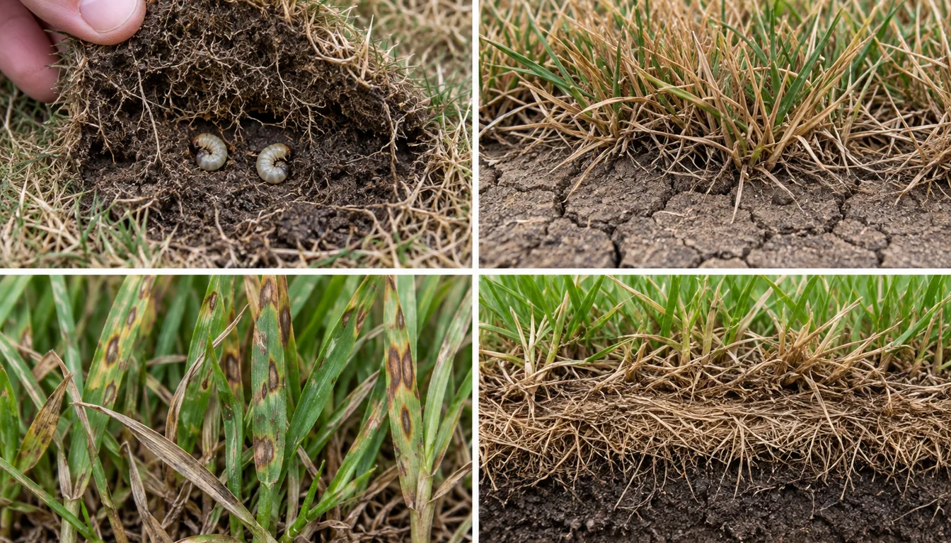 Four turf samples comparing grub-root injury, drought stress, fungal leaf lesions, and thick thatch