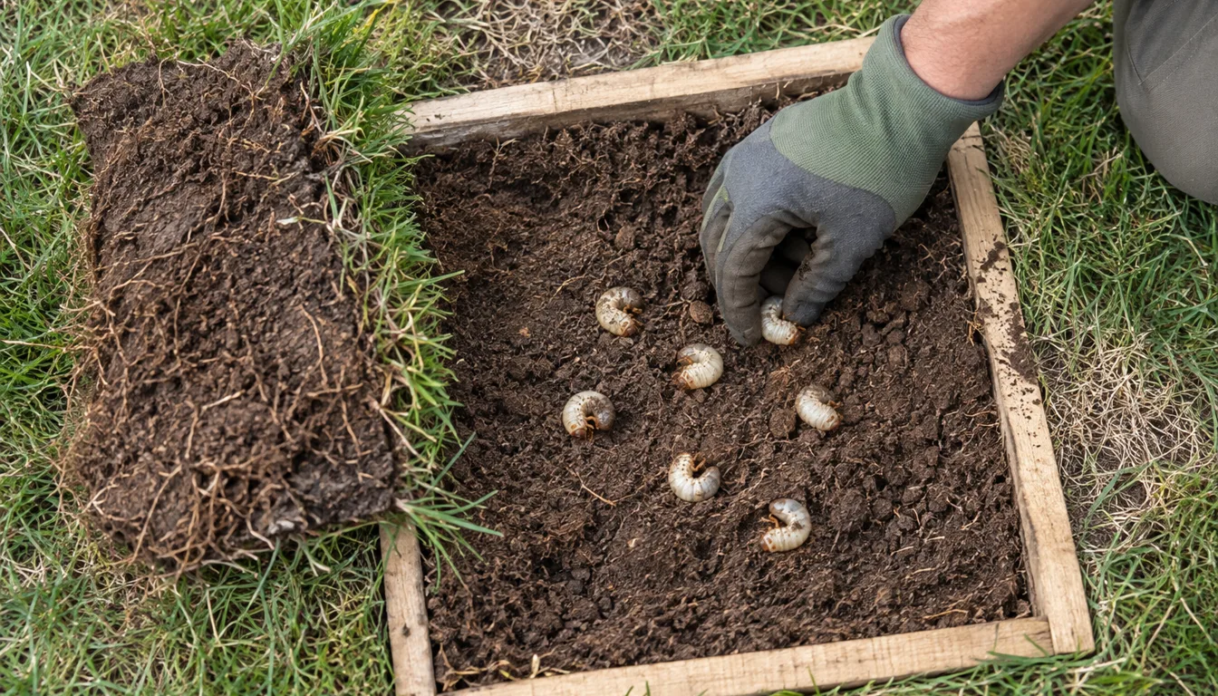 A measured square-foot turf sample with white grubs grouped for an accurate count