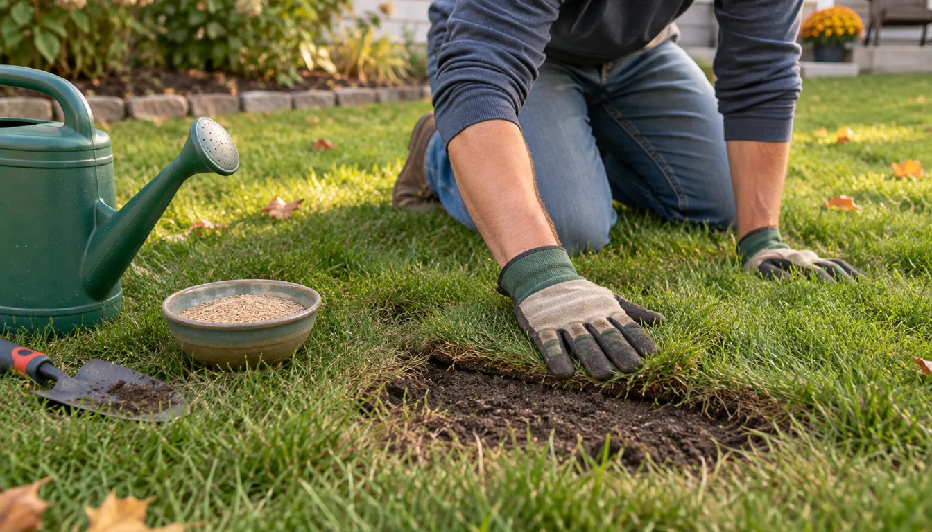A grub-damaged lawn area being pressed back into soil, watered, and prepared for patch seeding