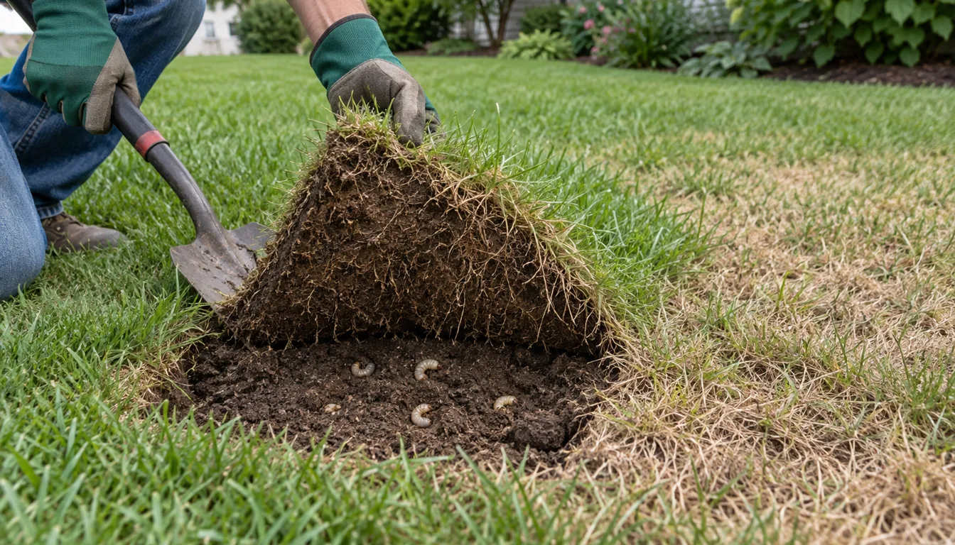 A gardener lifting a measured square of turf with a flat spade and examining the roots and upper soil