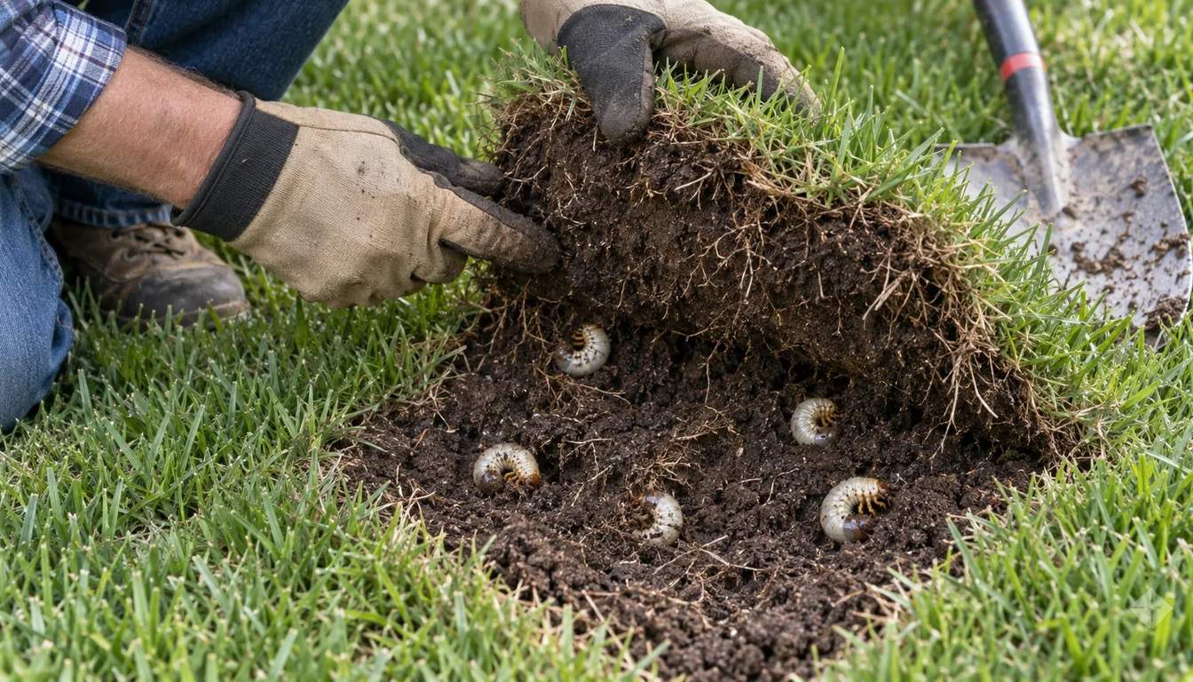 A hand lifting a square of thinning turf to reveal several cream-colored C-shaped white grubs near grass roots
