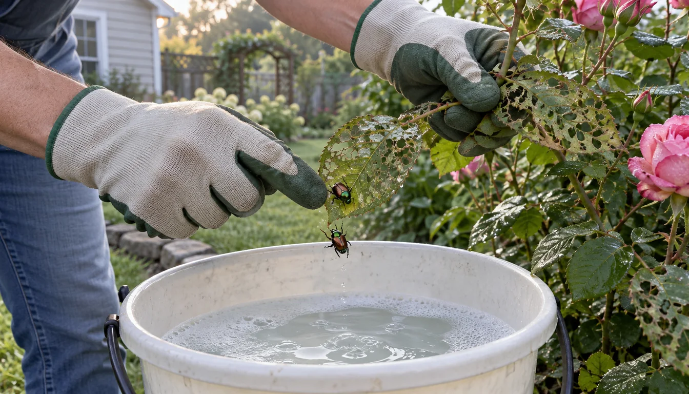 A gardener knocking Japanese beetles from a skeletonized rose leaf into a bucket of soapy water