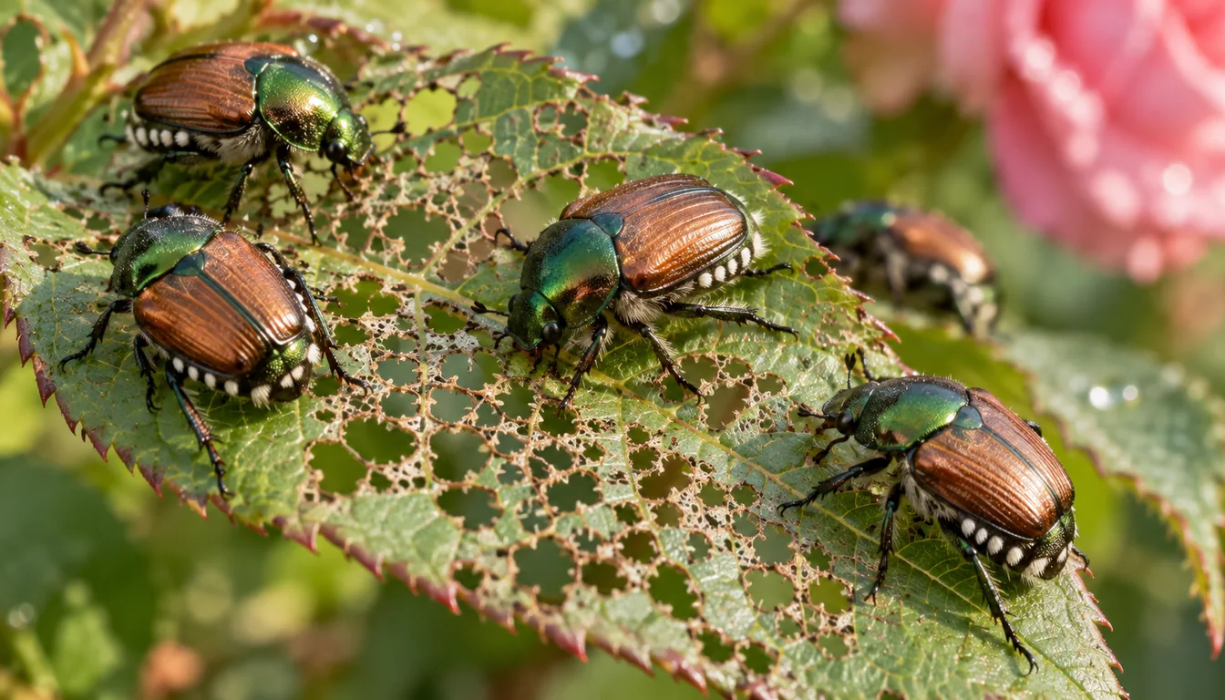 Metallic green and copper Japanese beetles feeding between the veins of a rose leaf
