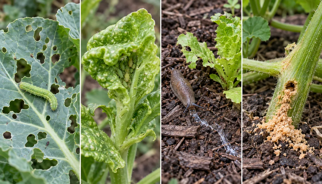 Four garden pest clues shown side by side: a caterpillar beside chewed brassica leaves, aphids inside curled growth, a slug and slime trail by lettuce, and frass below a hole in a squash vine