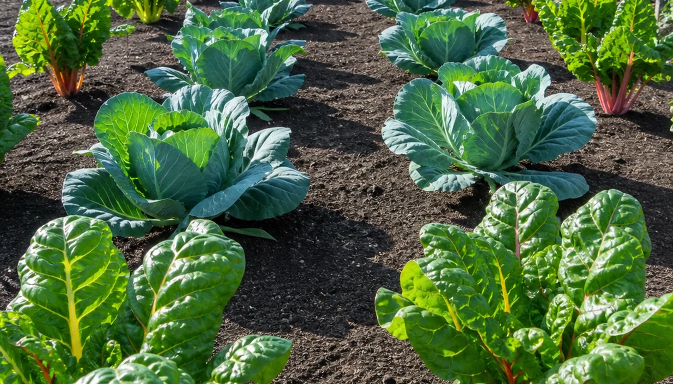 Cabbage and chard plants spaced in open soil with clear airflow between healthy leaves