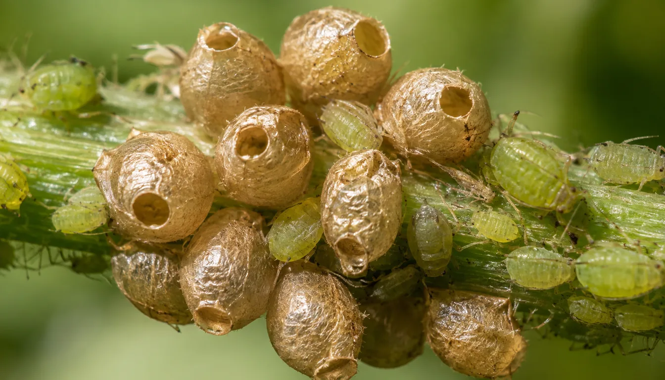 Tan swollen aphid mummies with round parasitoid exit holes among living green aphids on a stem