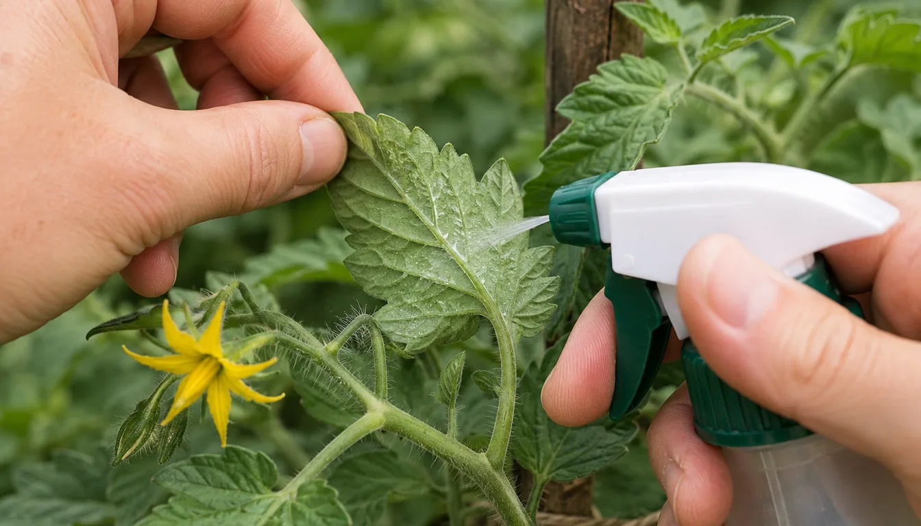 A gardener lifts a tomato leaf and directs a narrow spray onto its underside while an open flower remains dry