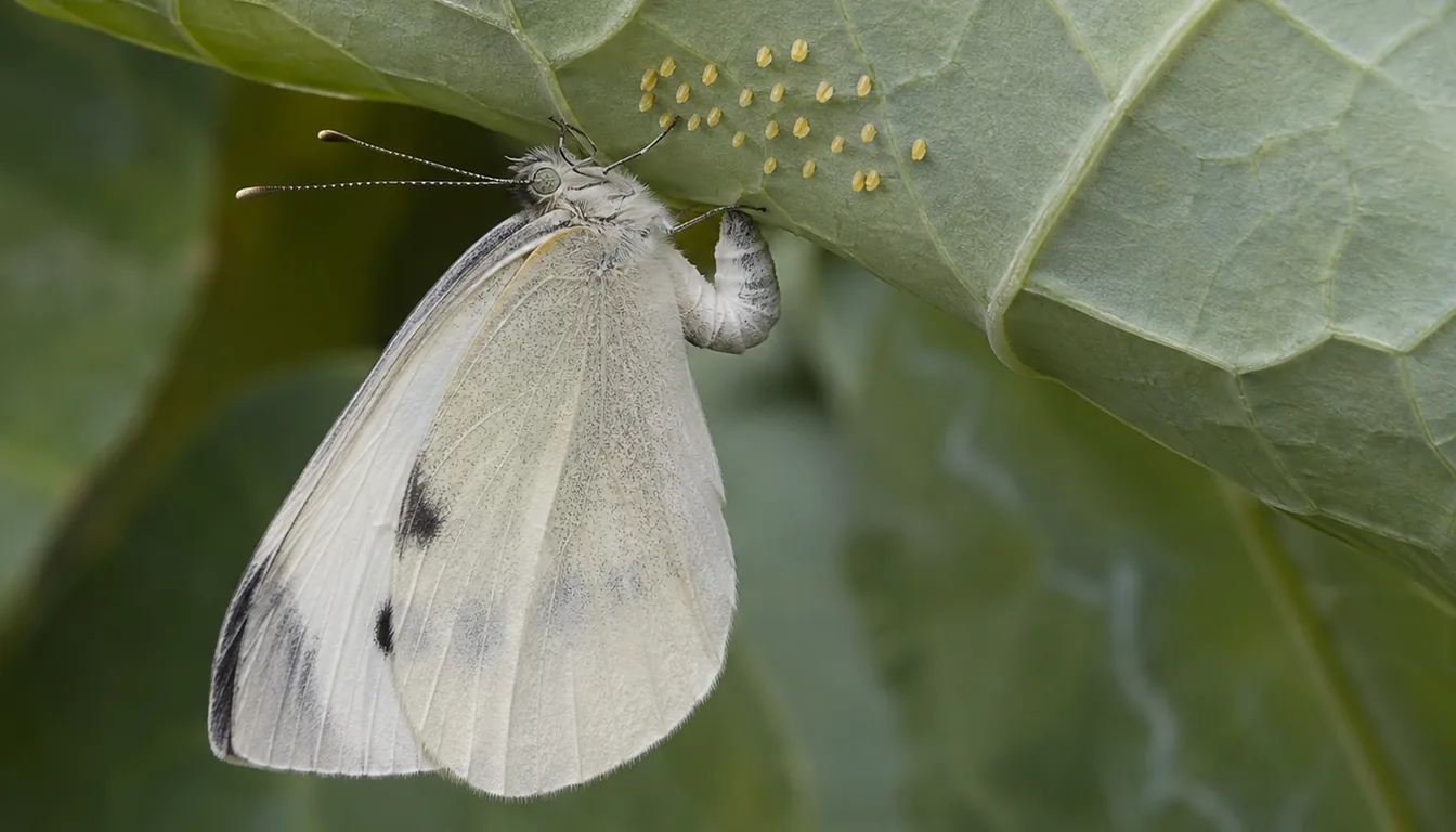 An imported cabbage white butterfly places yellow eggs on the underside of a cabbage leaf