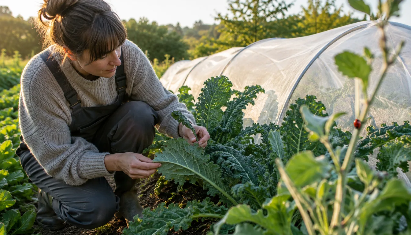 A gardener checks the underside of a kale leaf beside a vegetable bed protected by insect mesh