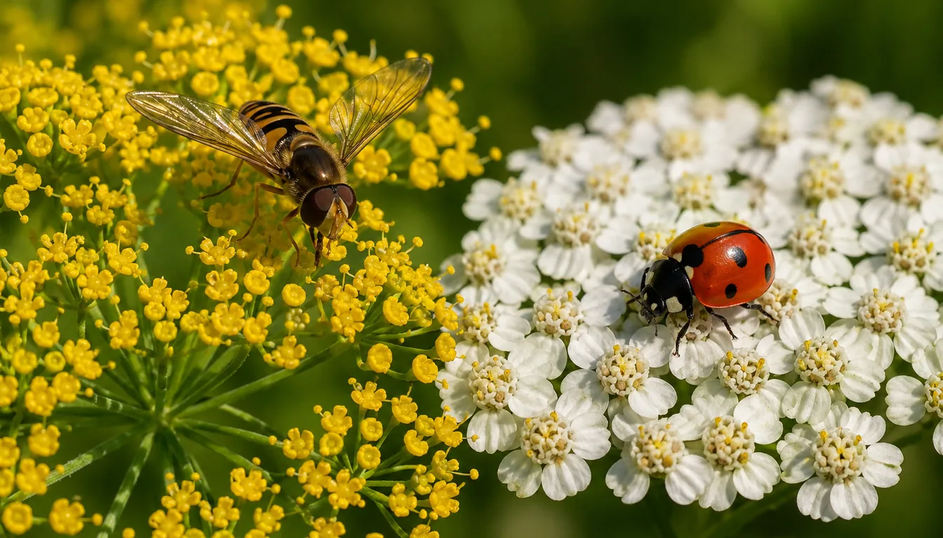 A macro of a flat yellow dill flower head beside a white yarrow head, with a hoverfly feeding on the dill and a ladybird walking across the yarrow
