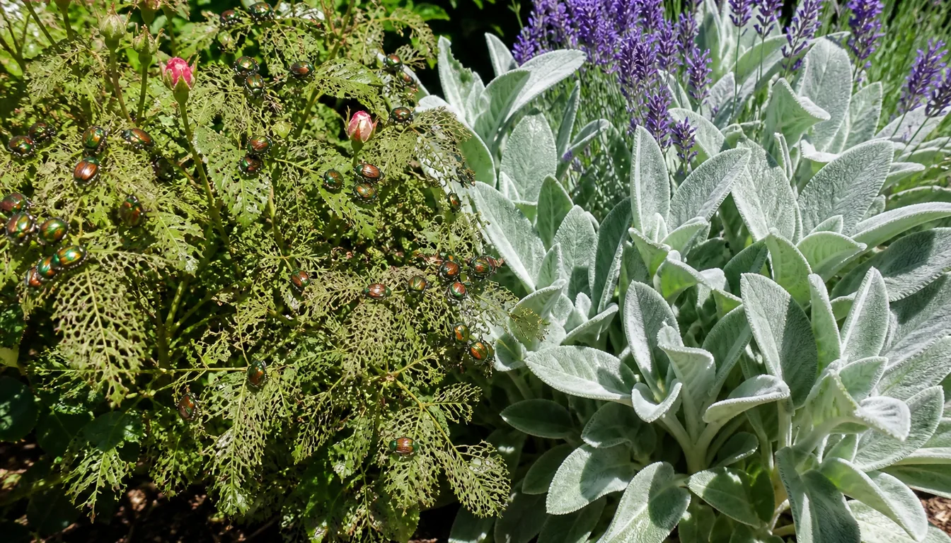A heavily skeletonized rose beside intact silver lamb's ear and lavender foliage