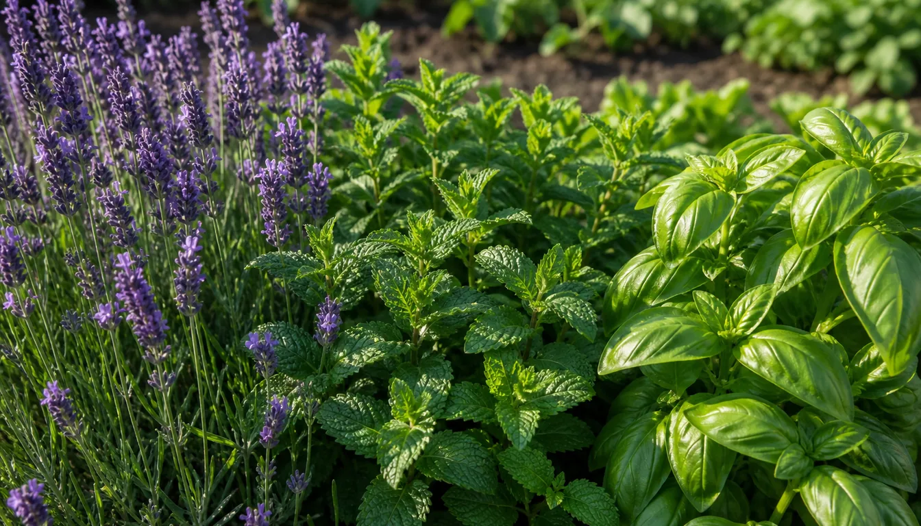Lavender, mint, and basil growing together in a sunny herb border