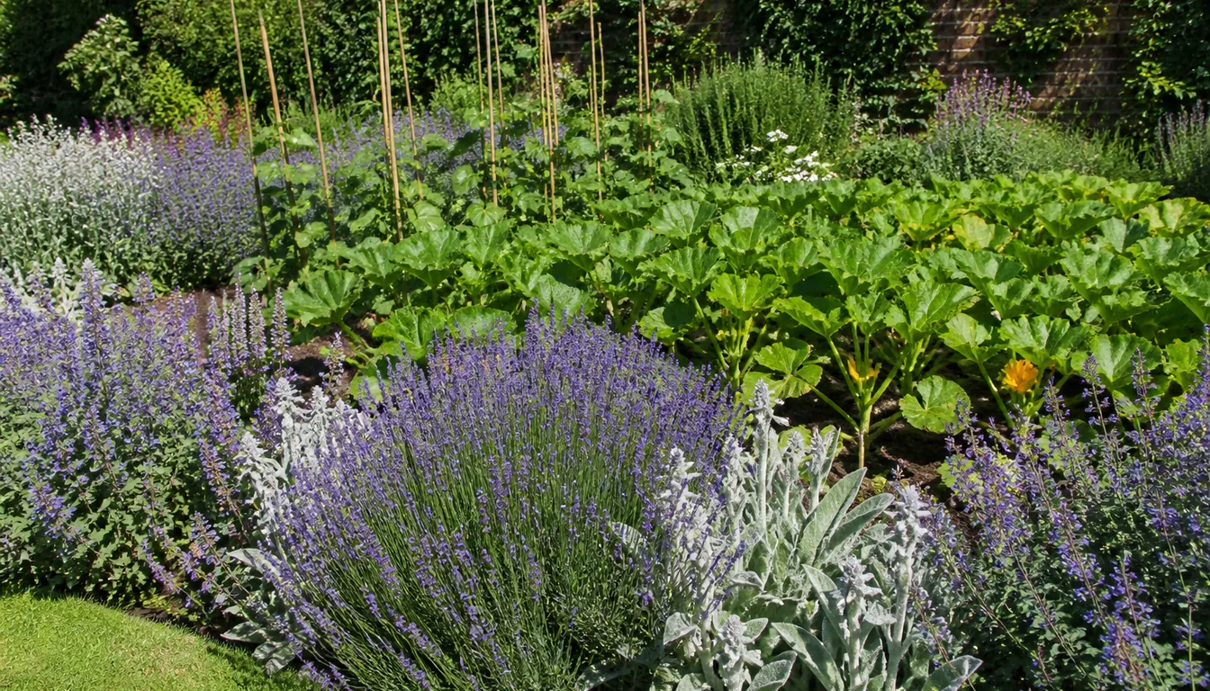 A mixed vegetable garden edged with lavender, catmint, and silver-leaved perennials