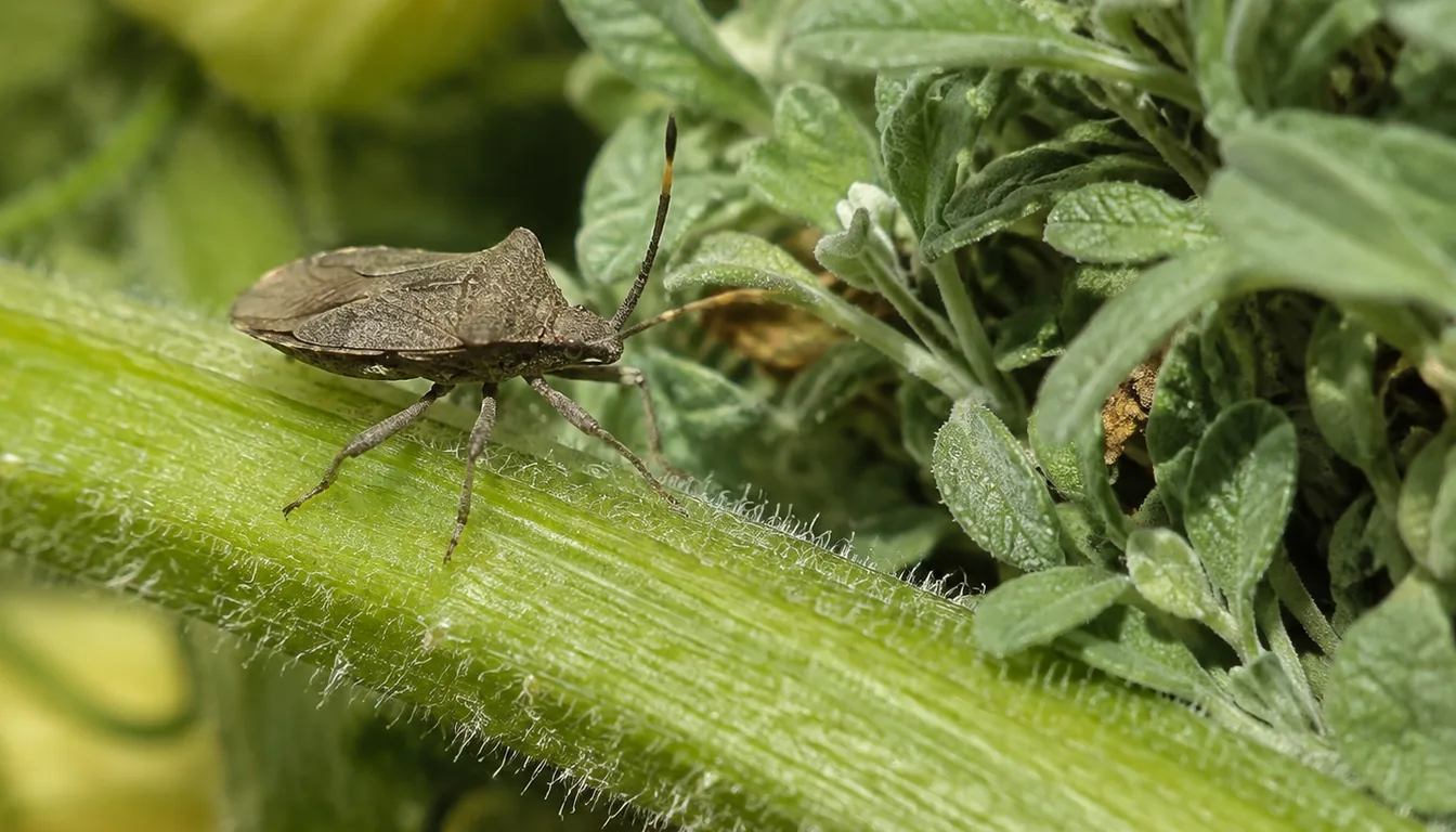 Close view of an adult gray-brown squash bug on a thick green squash stem