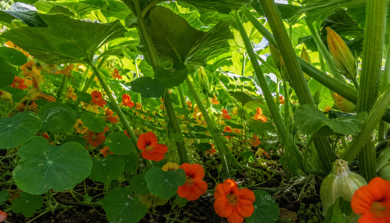 Orange nasturtiums growing beneath an open squash canopy with visible paths between stems