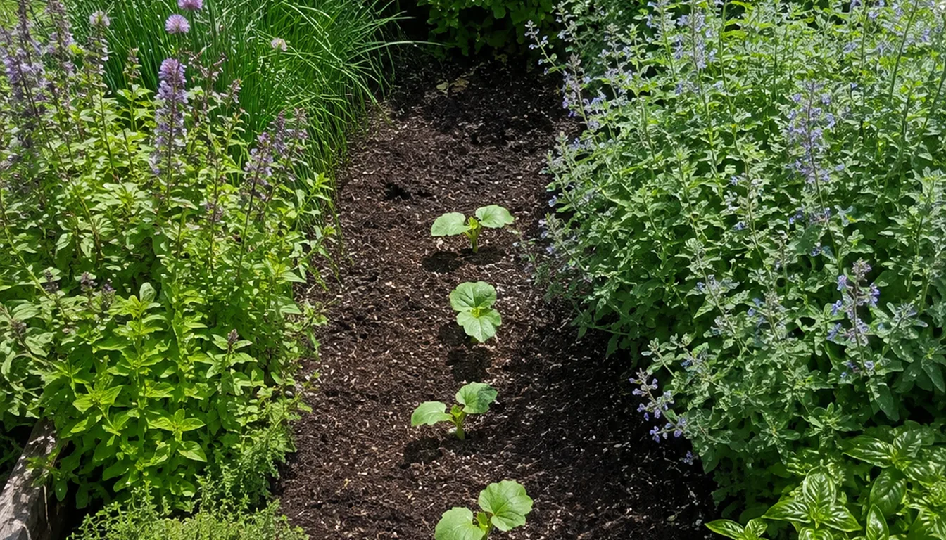 Young squash plants in an open soil row bordered by flowering herbs of several heights