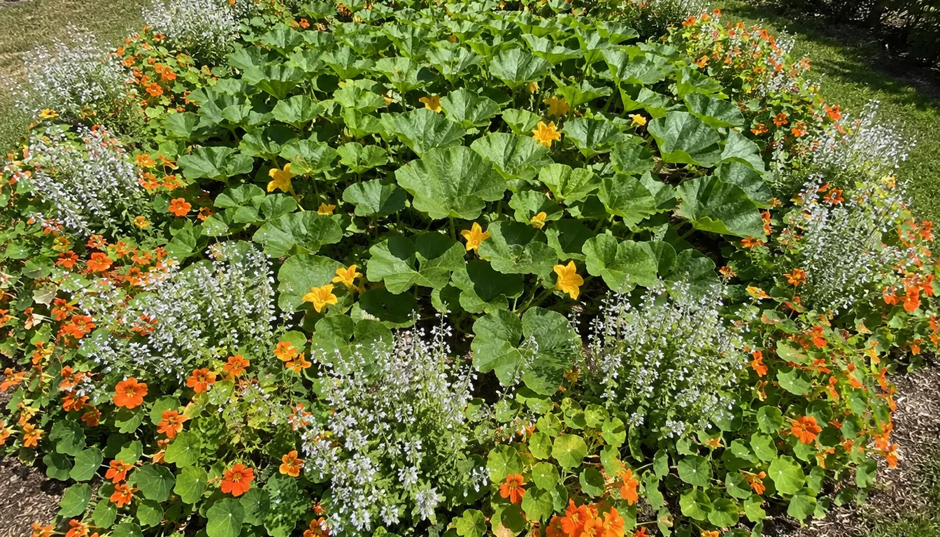 A vigorous squash bed bordered by orange nasturtiums and small flowering plants in a home vegetable garden