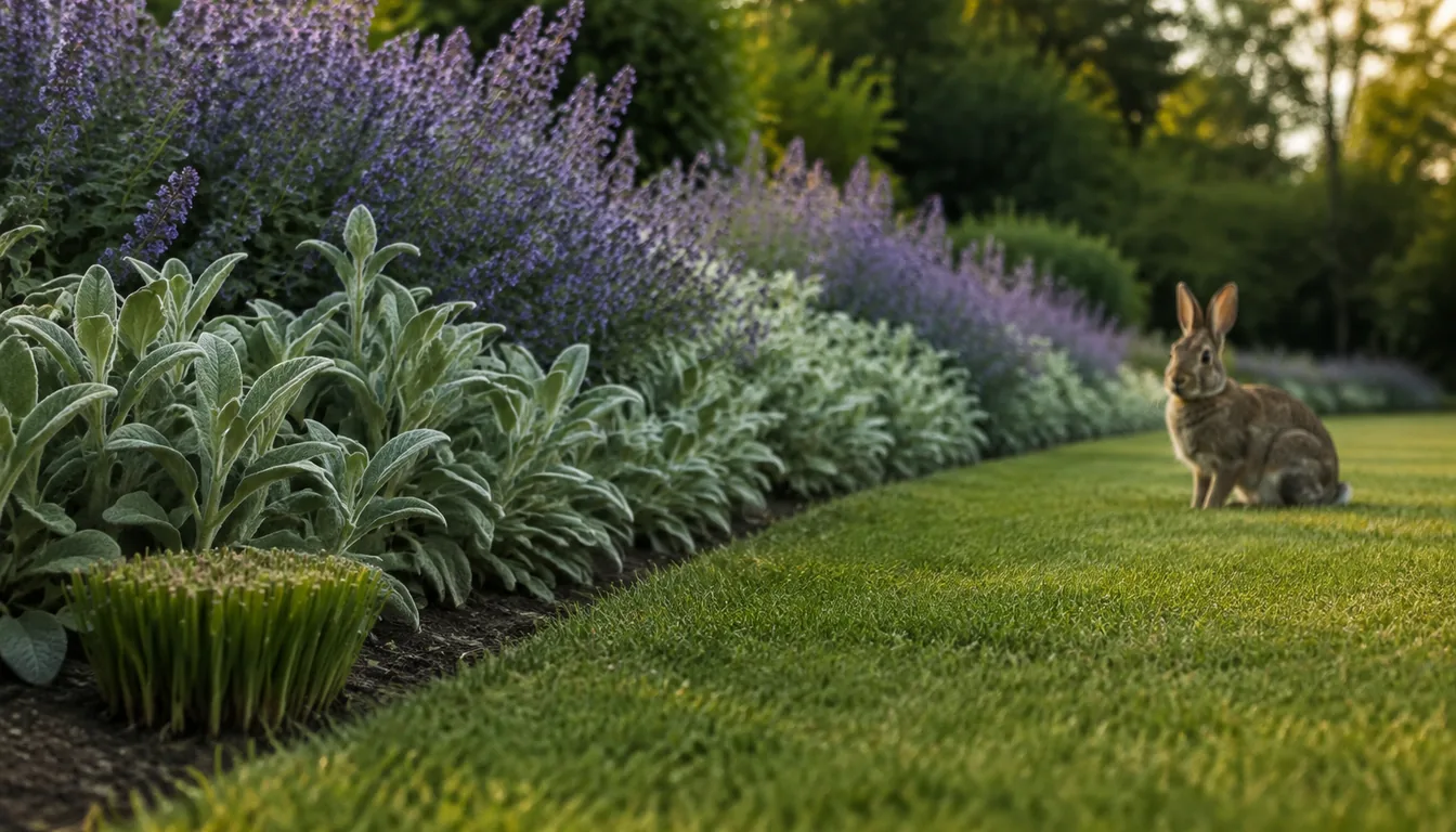 A low border of soft gray lamb's ear and mounded blue catmint along a mown lawn edge with a cottontail rabbit sitting on the grass nearby