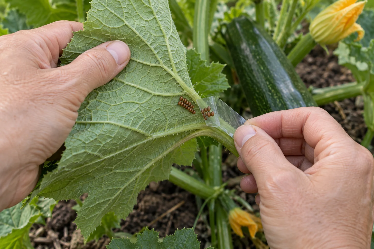Hands using clear tape to lift a bronze squash bug egg cluster from the underside of a zucchini leaf
