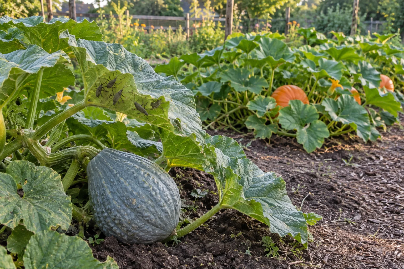 Blue Hubbard squash at the edge of a pumpkin bed with several squash bugs gathered on one leaf