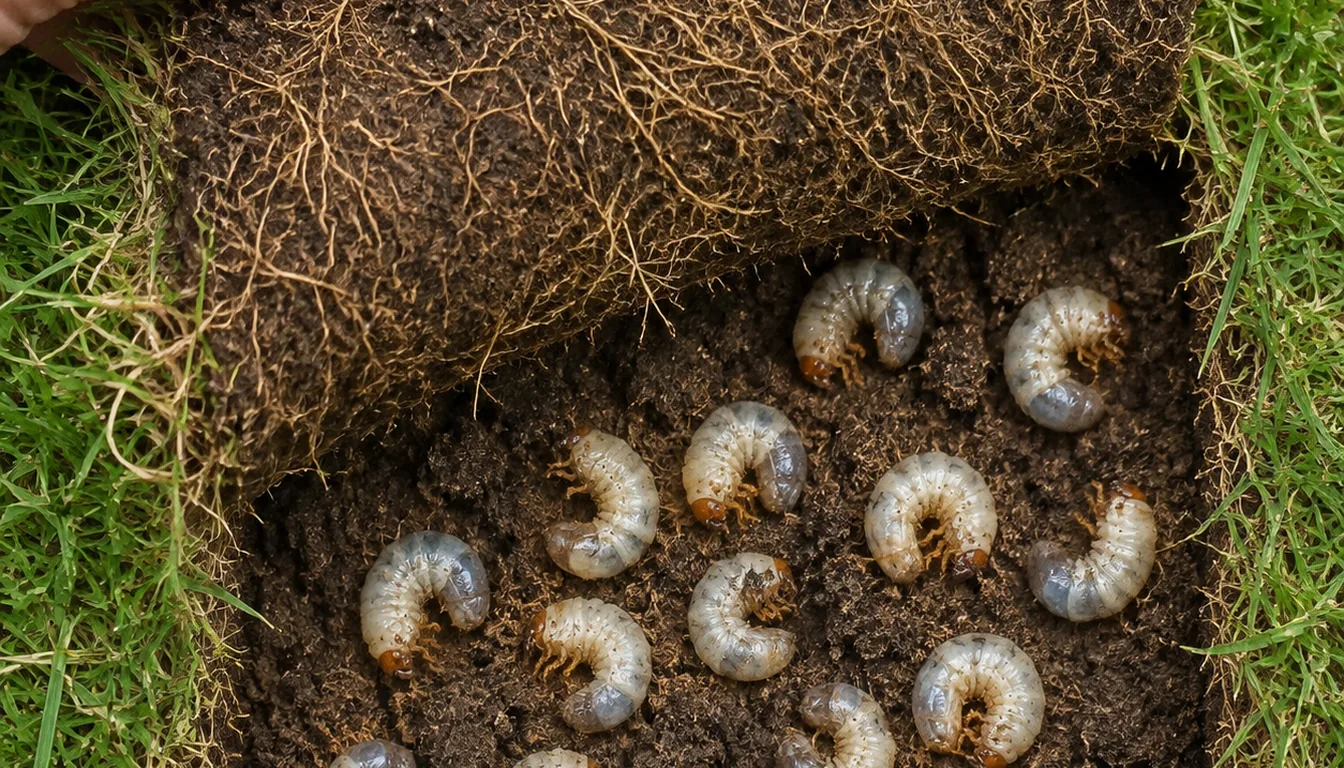 A square flap of thinning lawn lifted to expose white C-shaped beetle larvae in the root zone