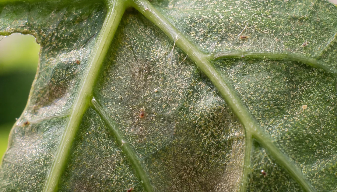 Underside of a houseplant leaf showing pale stippled flecks and fine webbing between the veins