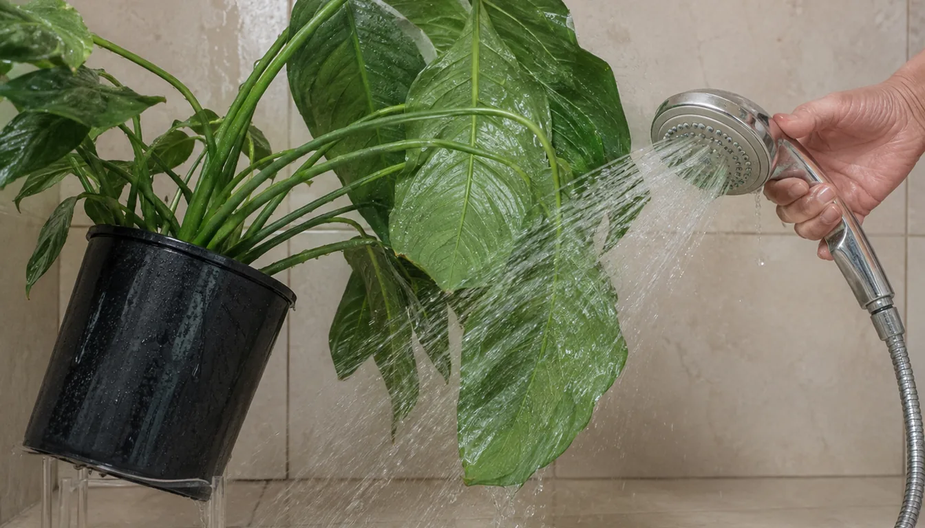 Houseplant tilted on its side in a shower while a jet of water is directed up at the undersides of its leaves