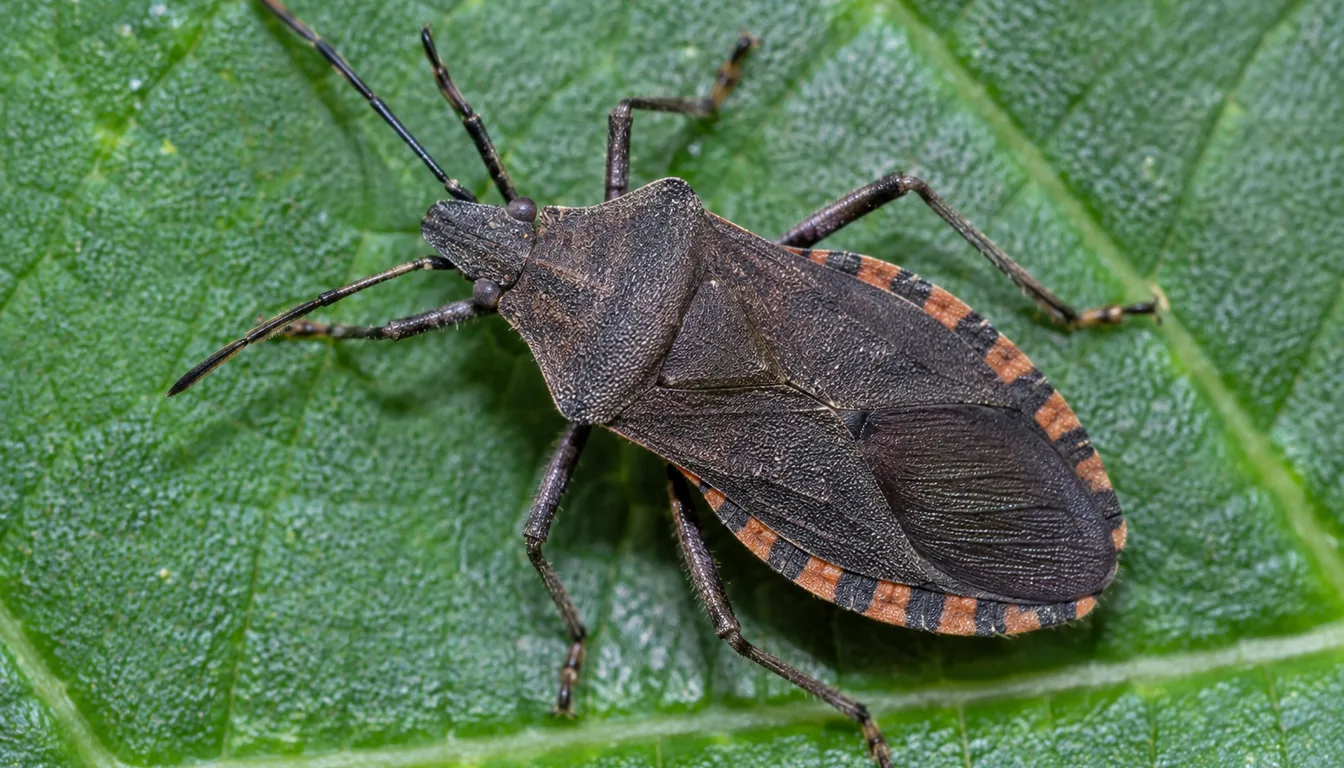 Adult squash bug on a squash leaf showing its flat gray-brown back and the orange and brown striping along the edge of the abdomen